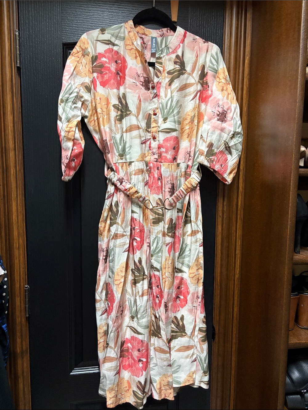 Button-Front Floral Midi Dress with Belt - Peach Pink & Cream